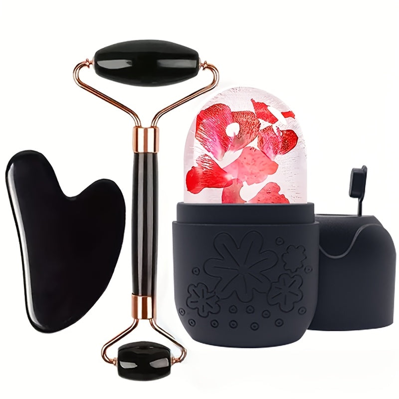 Conjunto de 3 peças para massagem facial | Inclui massageador de rolo, espátula de gelo, placa raspadora para o corpo e costas | Nova grade de gelo facial de silicone para uso com rolo, sem necessidade de eletricidade