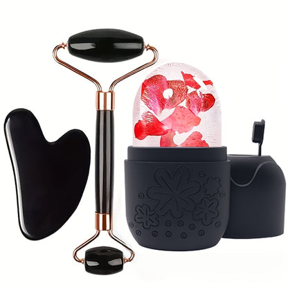 Conjunto de 3 peças para massagem facial | Inclui massageador de rolo, espátula de gelo, placa raspadora para o corpo e costas | Nova grade de gelo facial de silicone para uso com rolo, sem necessidade de eletricidade