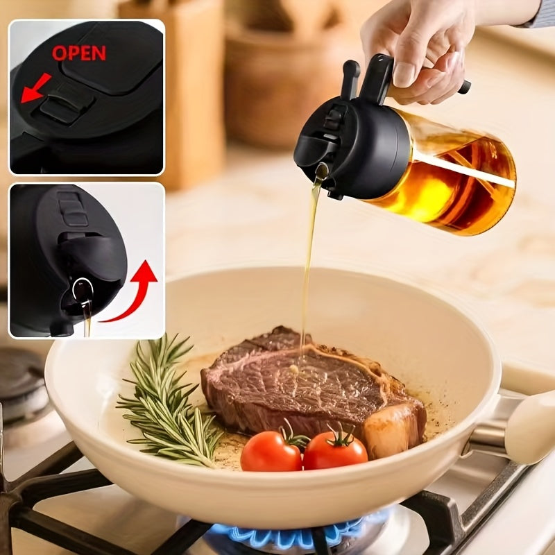 Um pulverizador de óleo versátil, feito de plástico, adequado para uso doméstico, projetado para aplicações com contato com alimentos, que funciona tanto como spray quanto como aplicador líquido, com grande capacidade.