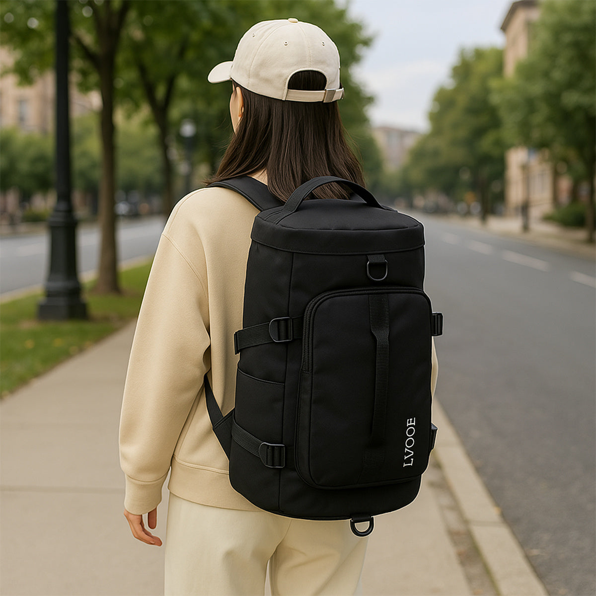 Mochila Travel Academy Sports com compartimento impermeável para sapatos, alça lateral e capacidade de 30 litros.