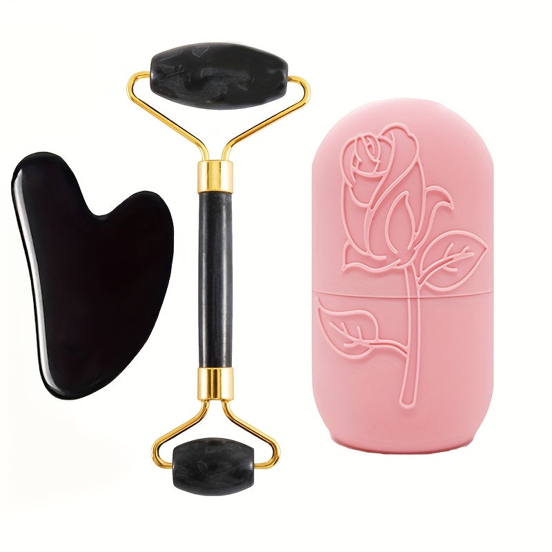 Conjunto de 3 peças para massagem facial | Inclui massageador de rolo, espátula de gelo, placa raspadora para o corpo e costas | Nova grade de gelo facial de silicone para uso com rolo, sem necessidade de eletricidade