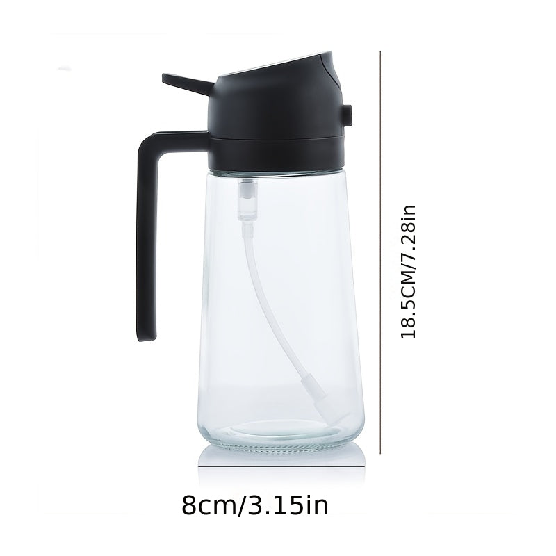 Um pulverizador de óleo versátil, feito de plástico, adequado para uso doméstico, projetado para aplicações com contato com alimentos, que funciona tanto como spray quanto como aplicador líquido, com grande capacidade.