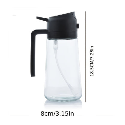 Um pulverizador de óleo versátil, feito de plástico, adequado para uso doméstico, projetado para aplicações com contato com alimentos, que funciona tanto como spray quanto como aplicador líquido, com grande capacidade.