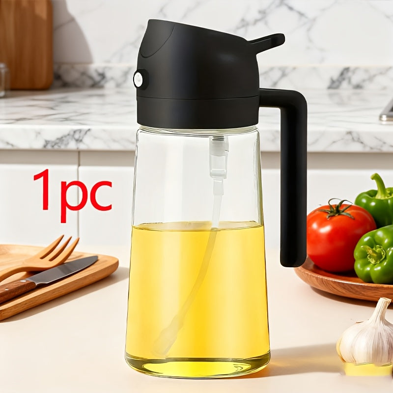 Um pulverizador de óleo versátil, feito de plástico, adequado para uso doméstico, projetado para aplicações com contato com alimentos, que funciona tanto como spray quanto como aplicador líquido, com grande capacidade.