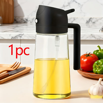 Um pulverizador de óleo versátil, feito de plástico, adequado para uso doméstico, projetado para aplicações com contato com alimentos, que funciona tanto como spray quanto como aplicador líquido, com grande capacidade.