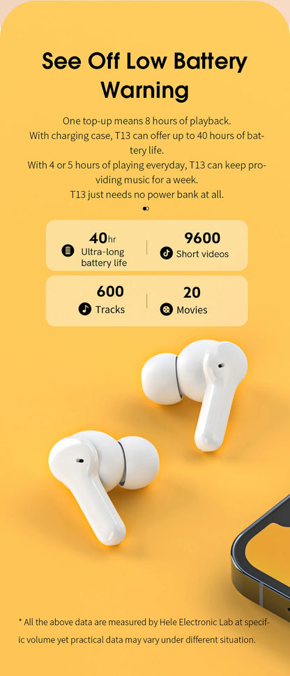 Fone de ouvido Bluetooth QCY T13 V5.1 sem fio TWS com controle por toque, 4 microfones, cancelamento de ruído eletrônico (ENC) para chamadas em HD e aplicativo de personalização.