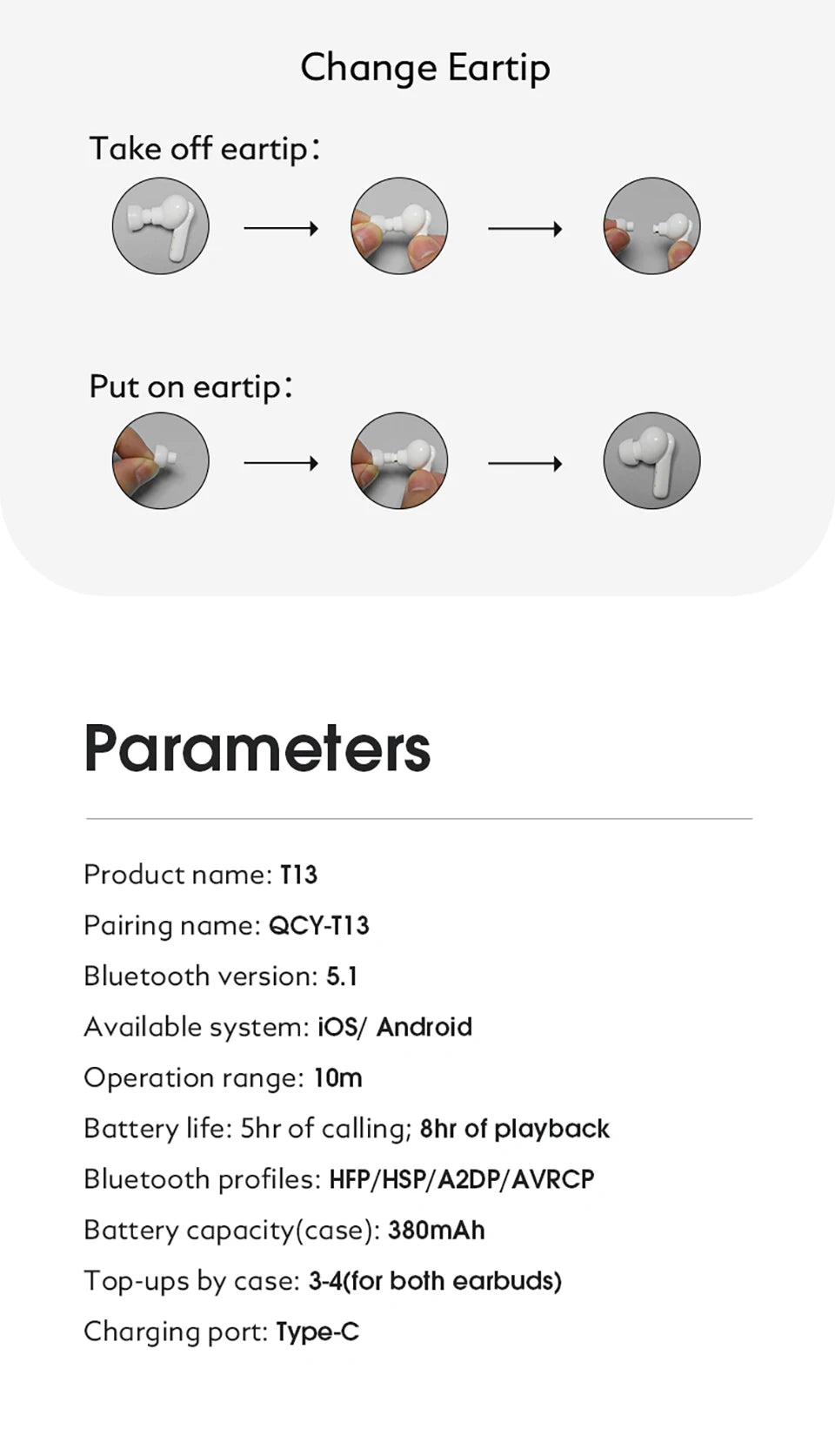 Fone de ouvido Bluetooth QCY T13 V5.1 sem fio TWS com controle por toque, 4 microfones, cancelamento de ruído eletrônico (ENC) para chamadas em HD e aplicativo de personalização.
