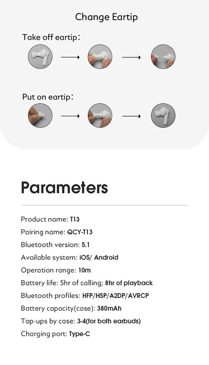 Fone de ouvido Bluetooth QCY T13 V5.1 sem fio TWS com controle por toque, 4 microfones, cancelamento de ruído eletrônico (ENC) para chamadas em HD e aplicativo de personalização.