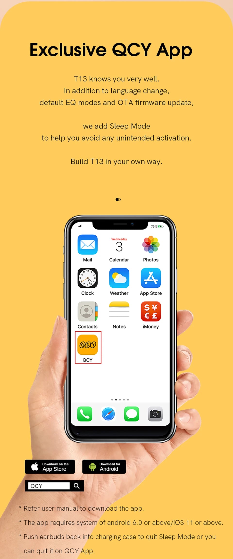 Fone de ouvido Bluetooth QCY T13 V5.1 sem fio TWS com controle por toque, 4 microfones, cancelamento de ruído eletrônico (ENC) para chamadas em HD e aplicativo de personalização.