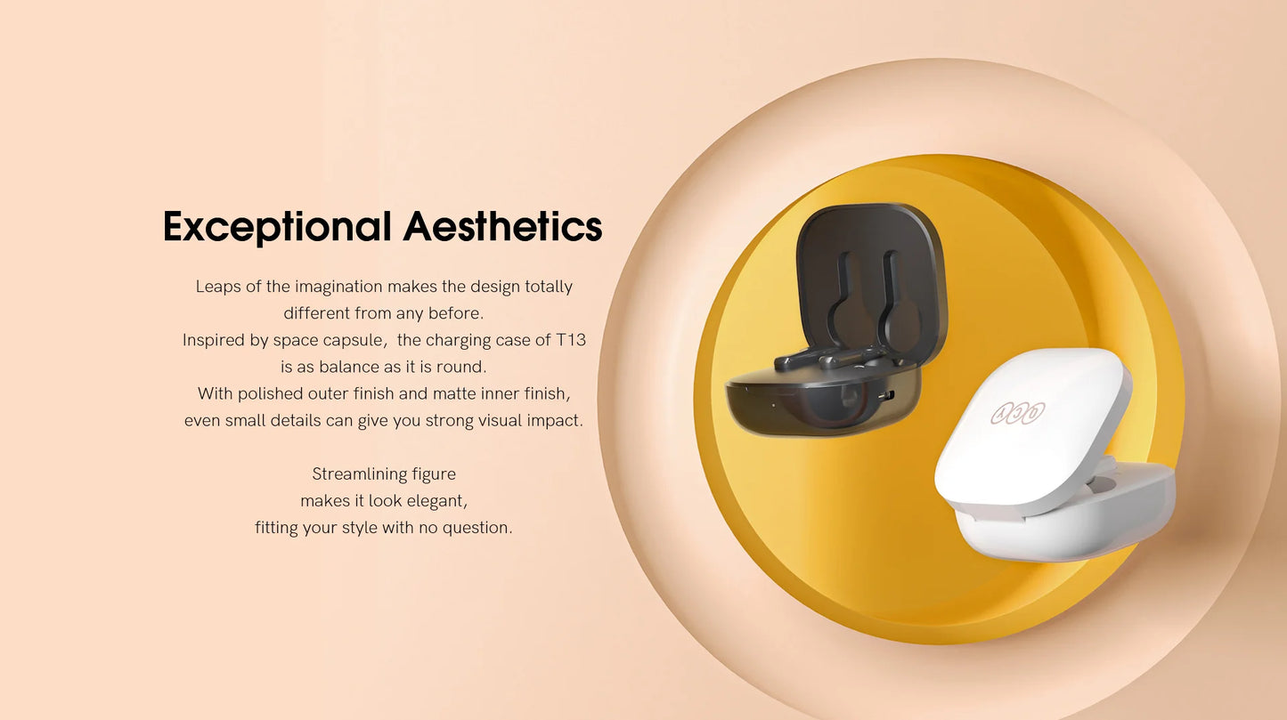 Fone de ouvido Bluetooth QCY T13 V5.1 sem fio TWS com controle por toque, 4 microfones, cancelamento de ruído eletrônico (ENC) para chamadas em HD e aplicativo de personalização.