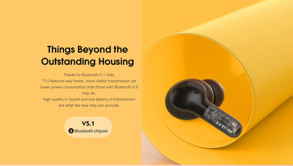 Fone de ouvido Bluetooth QCY T13 V5.1 sem fio TWS com controle por toque, 4 microfones, cancelamento de ruído eletrônico (ENC) para chamadas em HD e aplicativo de personalização.