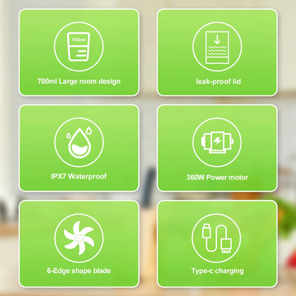 Liquidificador elétrico portátil para frutas frescas, 700ml, multifuncional, recarregável via USB, ideal para preparar smoothies e bebidas ao ar livre.