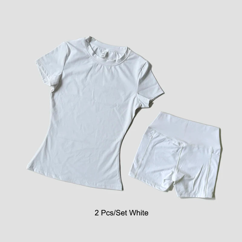 Conjunto de Yoga Esportivo Feminino Sem Costura, em Malha, para Academia, Fitness, com Top Cropped de Manga Curta e Legging Curta.