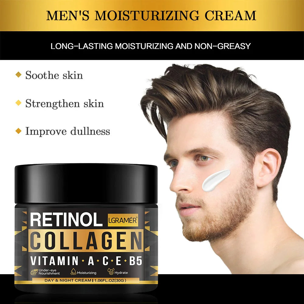 Creme facial masculino com retinol e colágeno para cuidados com a pele. Hidratante, iluminador, suaviza rugas e firma a pele.