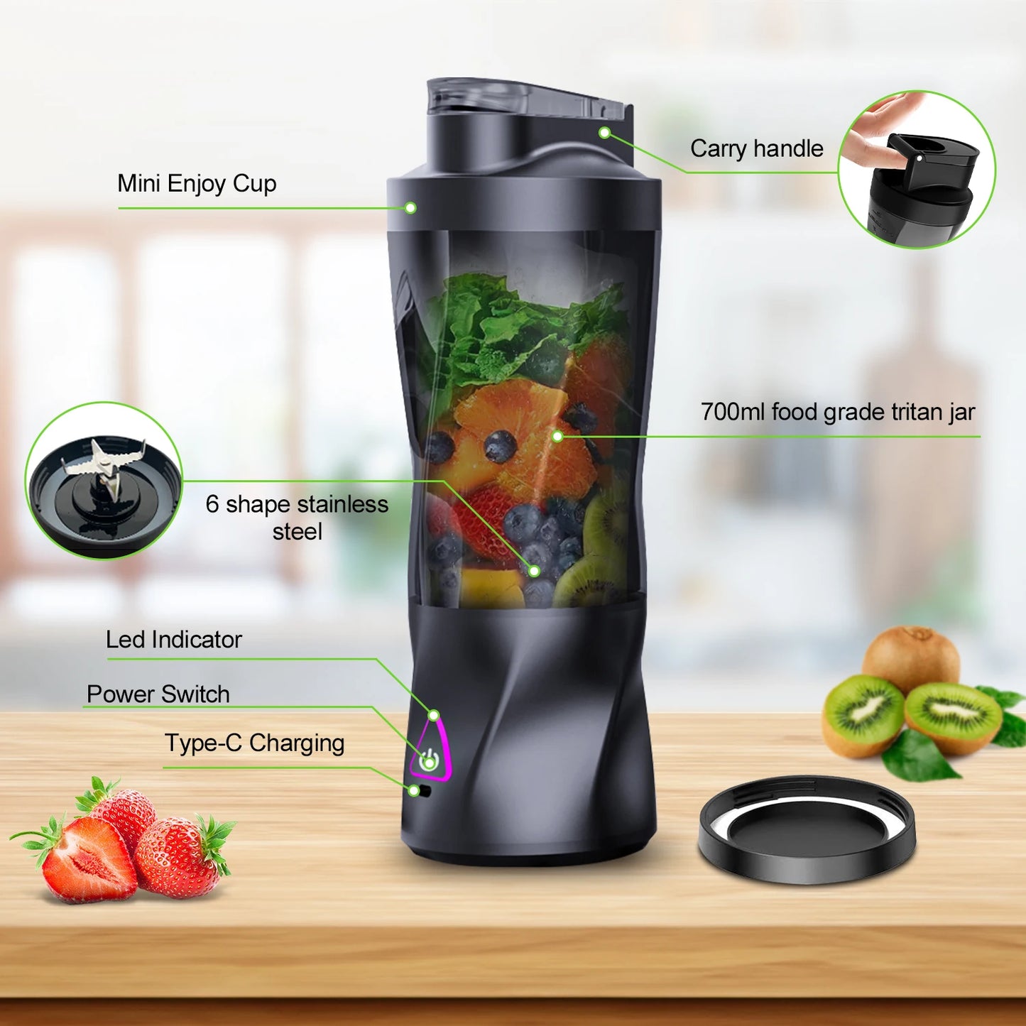 Liquidificador elétrico portátil para frutas frescas, 700ml, multifuncional, recarregável via USB, ideal para preparar smoothies e bebidas ao ar livre.