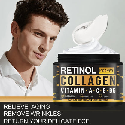 Creme facial masculino com retinol e colágeno para cuidados com a pele. Hidratante, iluminador, suaviza rugas e firma a pele.