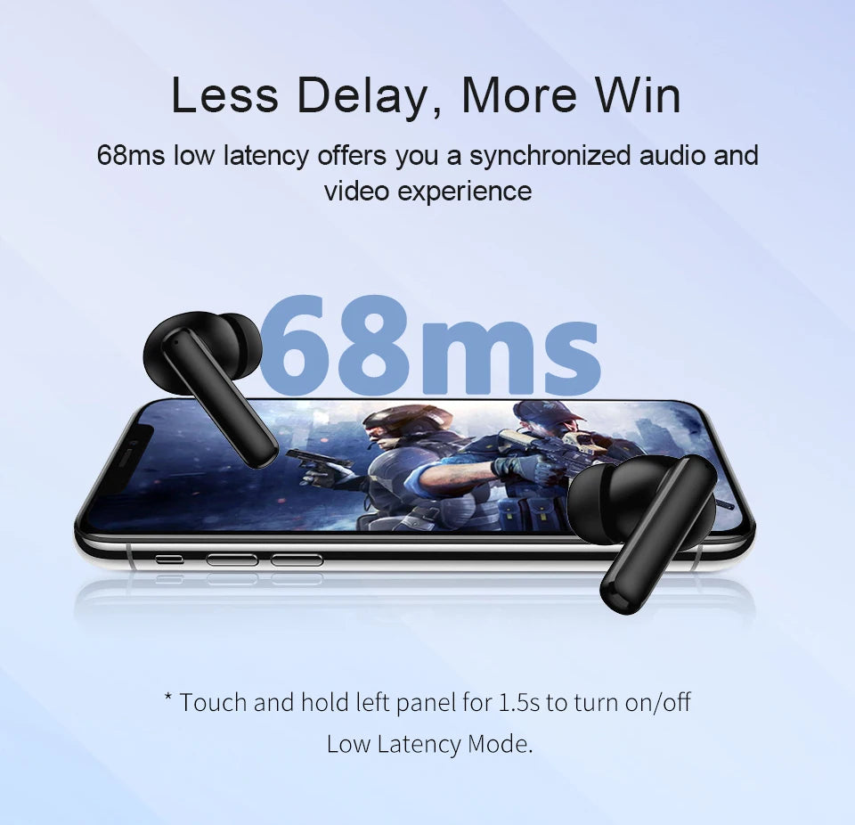 Fones de ouvido sem fio QCY T13 ANC Bluetooth 5.3 com cancelamento de ruído ativo, 4 microfones, fone de ouvido intra-auricular para jogos.