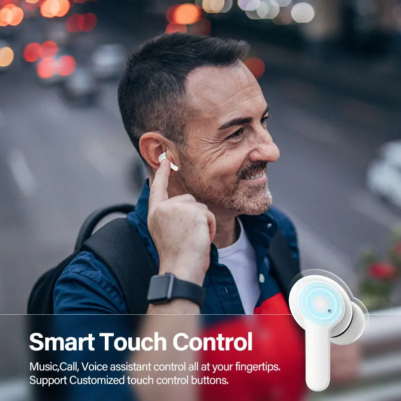 Fone de ouvido Bluetooth QCY T13 V5.1 sem fio TWS com controle por toque, 4 microfones, cancelamento de ruído eletrônico (ENC) para chamadas em HD e aplicativo de personalização.