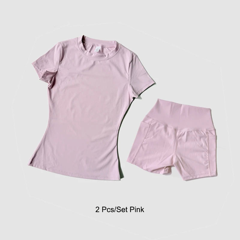 Conjunto de Yoga Esportivo Feminino Sem Costura, em Malha, para Academia, Fitness, com Top Cropped de Manga Curta e Legging Curta.