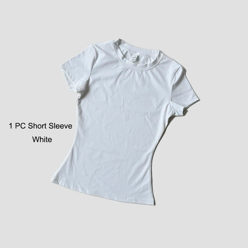 Conjunto de Yoga Esportivo Feminino Sem Costura, em Malha, para Academia, Fitness, com Top Cropped de Manga Curta e Legging Curta.