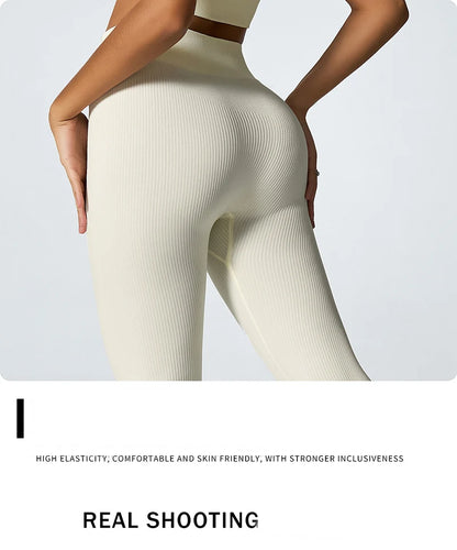 Calça legging feminina de ioga sem costura, em malha tricotada, cintura alta, para esportes, que modela o quadril, ideal para corrida, treino e afinamento da silhueta.