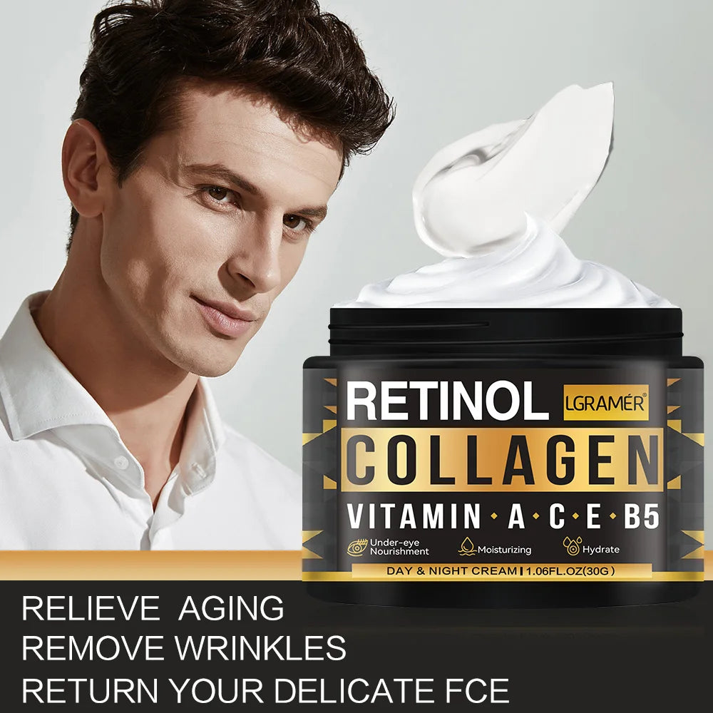 Creme facial masculino com retinol e colágeno para cuidados com a pele. Hidratante, iluminador, suaviza rugas e firma a pele.