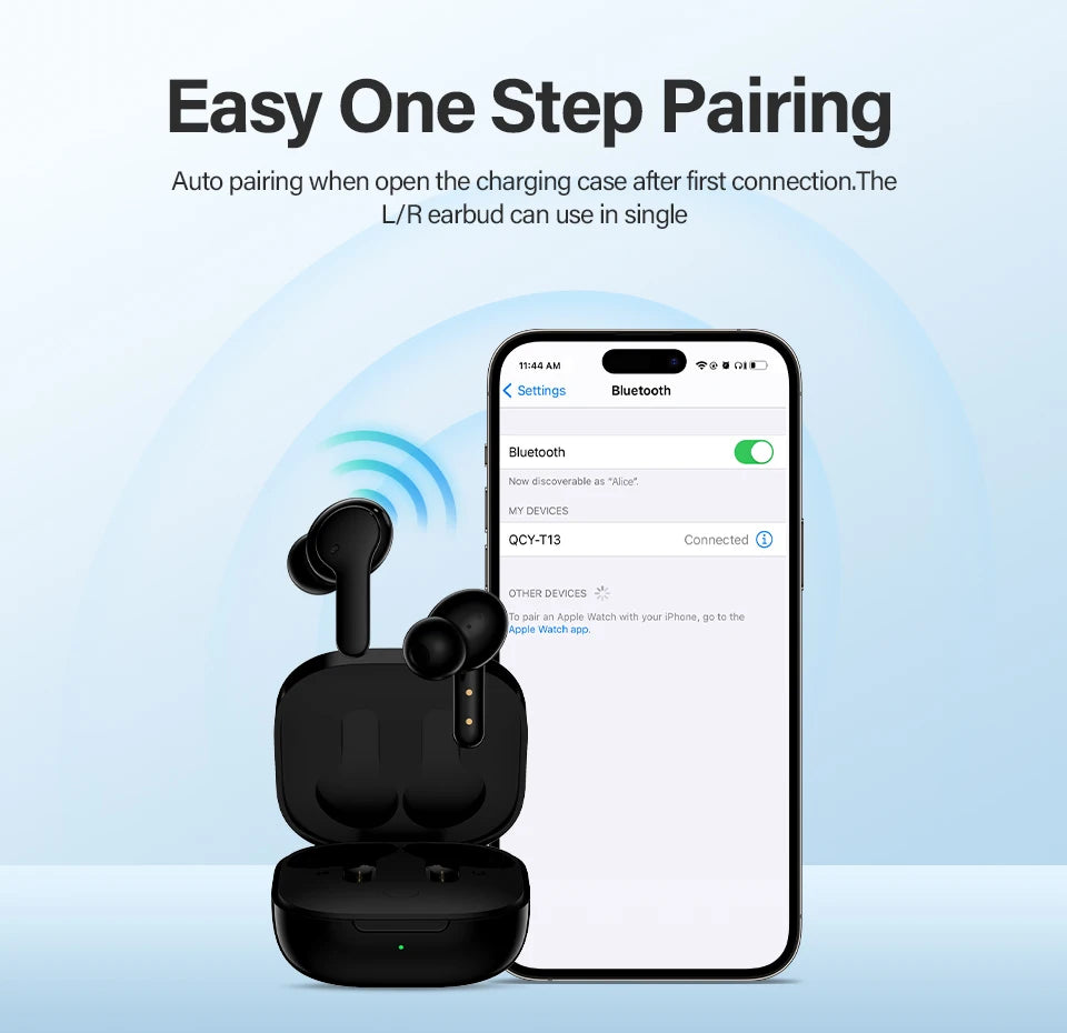 Fone de ouvido Bluetooth QCY T13 V5.1 sem fio TWS com controle por toque, 4 microfones, cancelamento de ruído eletrônico (ENC) para chamadas em HD e aplicativo de personalização.