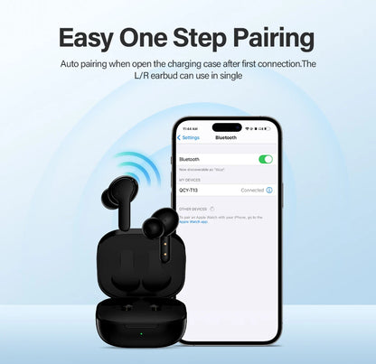Fone de ouvido Bluetooth QCY T13 V5.1 sem fio TWS com controle por toque, 4 microfones, cancelamento de ruído eletrônico (ENC) para chamadas em HD e aplicativo de personalização.