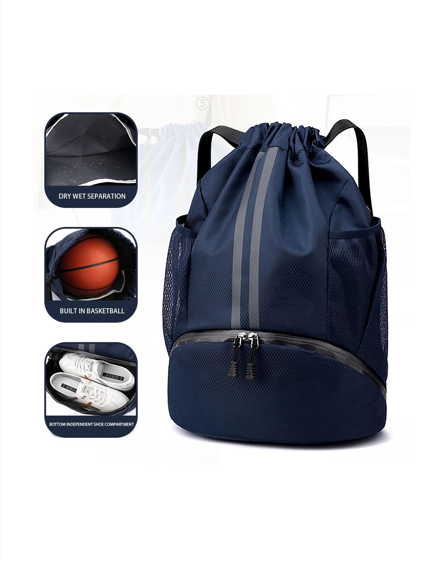 Mochila para basquete, mochila para natação, mochila feminina com divisórias para itens secos e molhados, mochila esportiva, mochila com cordão para treino e fitness.