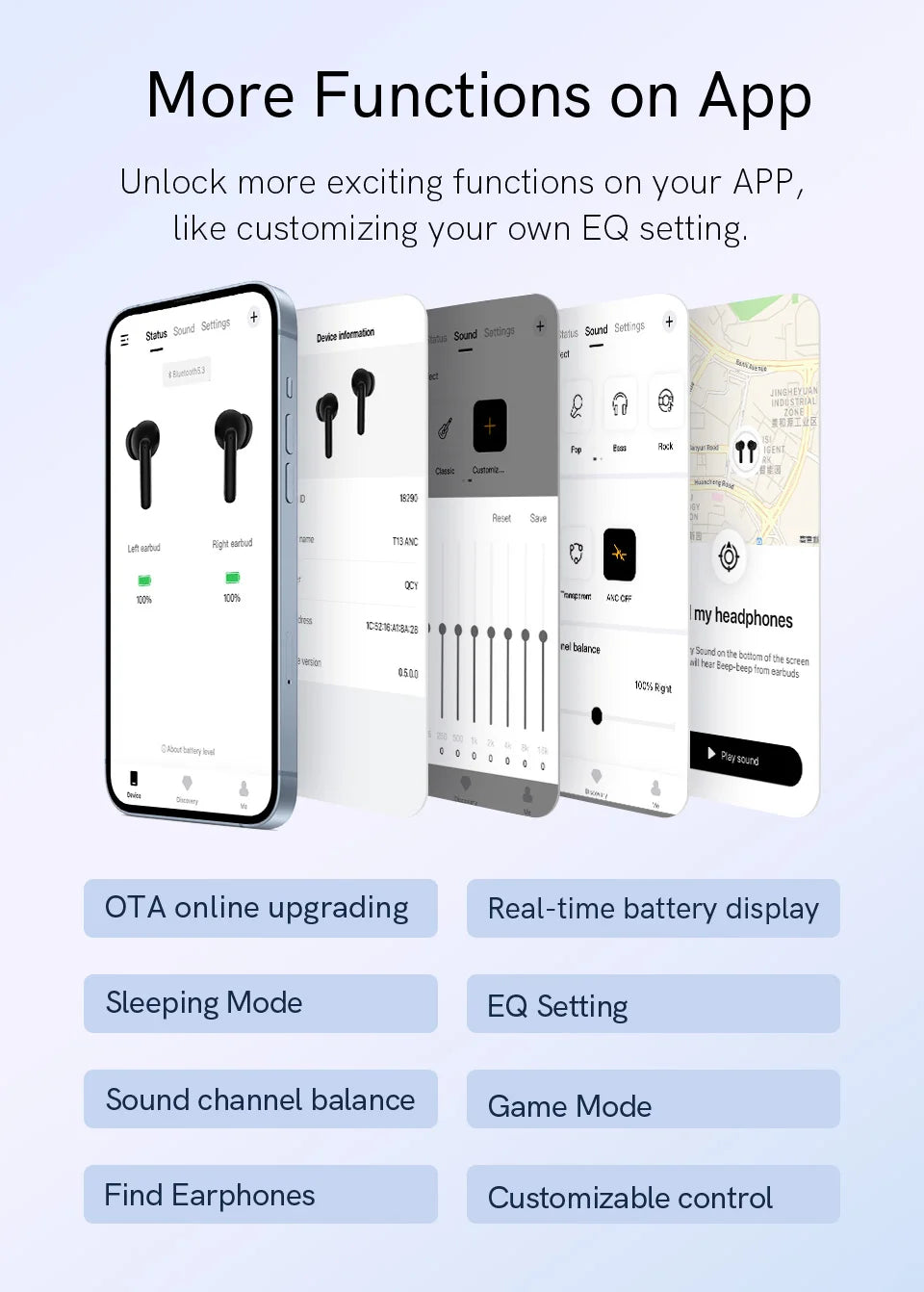 Fones de ouvido sem fio QCY T13 ANC Bluetooth 5.3 com cancelamento de ruído ativo, 4 microfones, fone de ouvido intra-auricular para jogos.