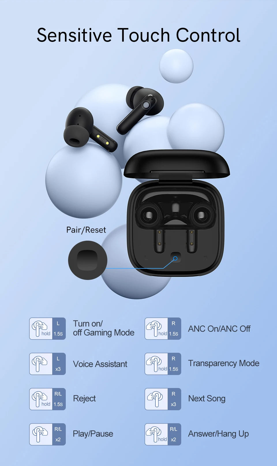 Fones de ouvido sem fio QCY T13 ANC Bluetooth 5.3 com cancelamento de ruído ativo, 4 microfones, fone de ouvido intra-auricular para jogos.
