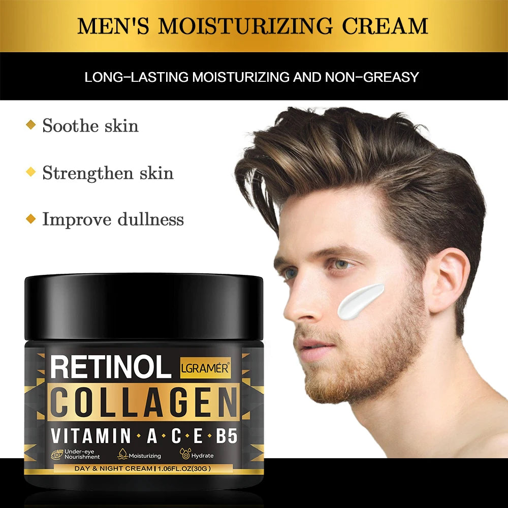 Creme facial masculino com retinol e colágeno para cuidados com a pele. Hidratante, iluminador, suaviza rugas e firma a pele.