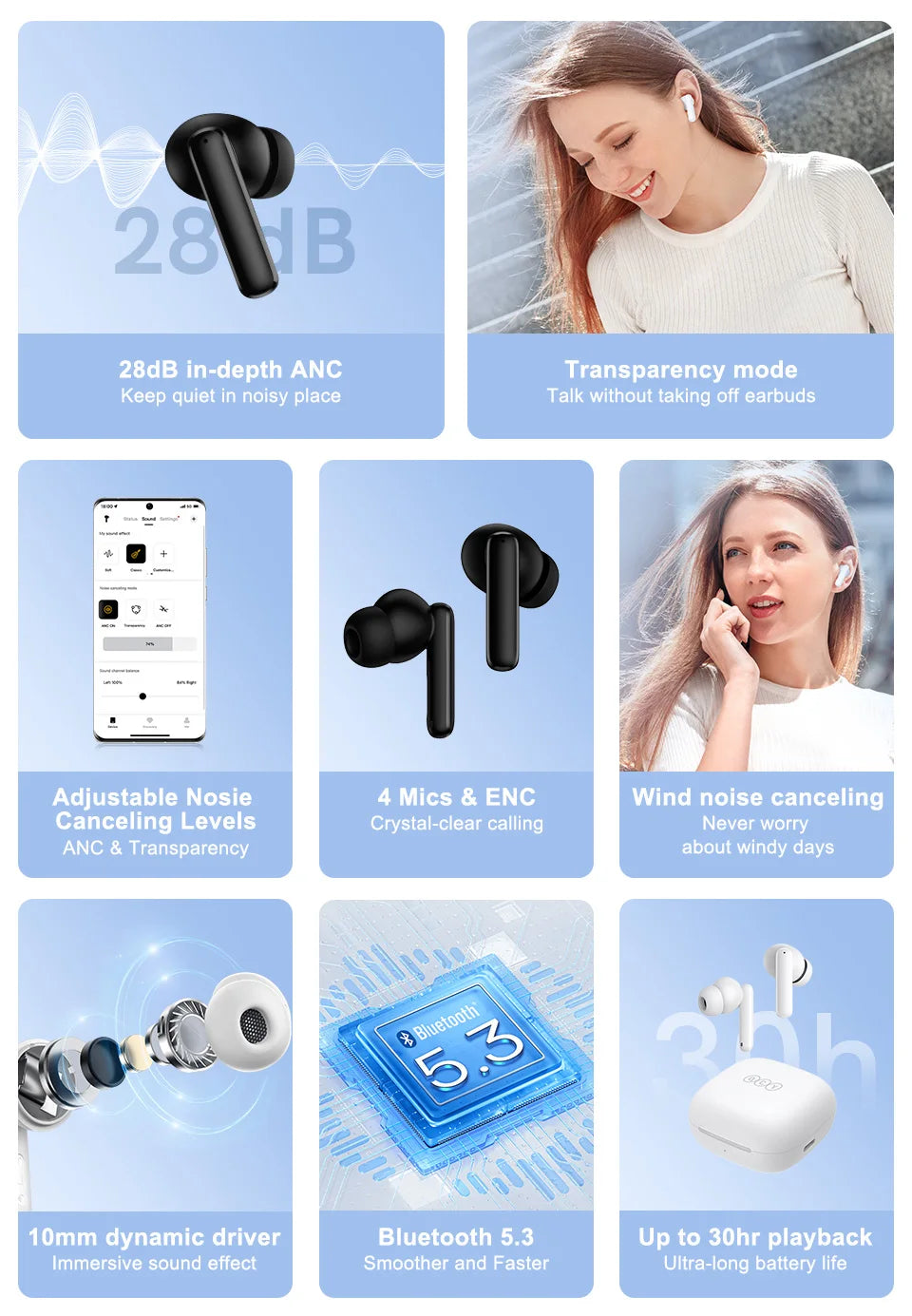 Fones de ouvido sem fio QCY T13 ANC Bluetooth 5.3 com cancelamento de ruído ativo, 4 microfones, fone de ouvido intra-auricular para jogos.