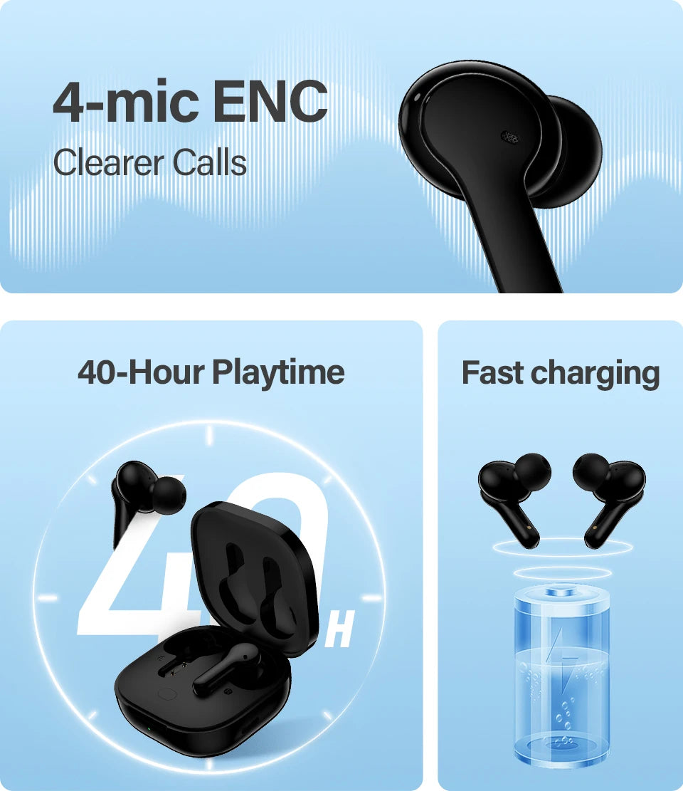 Fone de ouvido Bluetooth QCY T13 V5.1 sem fio TWS com controle por toque, 4 microfones, cancelamento de ruído eletrônico (ENC) para chamadas em HD e aplicativo de personalização.