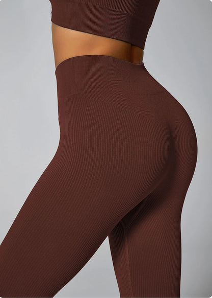 Calça legging feminina de ioga sem costura, em malha tricotada, cintura alta, para esportes, que modela o quadril, ideal para corrida, treino e afinamento da silhueta.