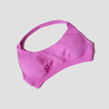 Sutiã esportivo sem costura com alças halter, top cropped sexy com bojo nas costas para yoga e academia.