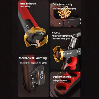 Expansor de pulso ajustável para fortalecimento de mãos, com capacidade de 5 a 60/100/150 kg, ideal para exercícios de fortalecimento muscular e recuperação da força das mãos.