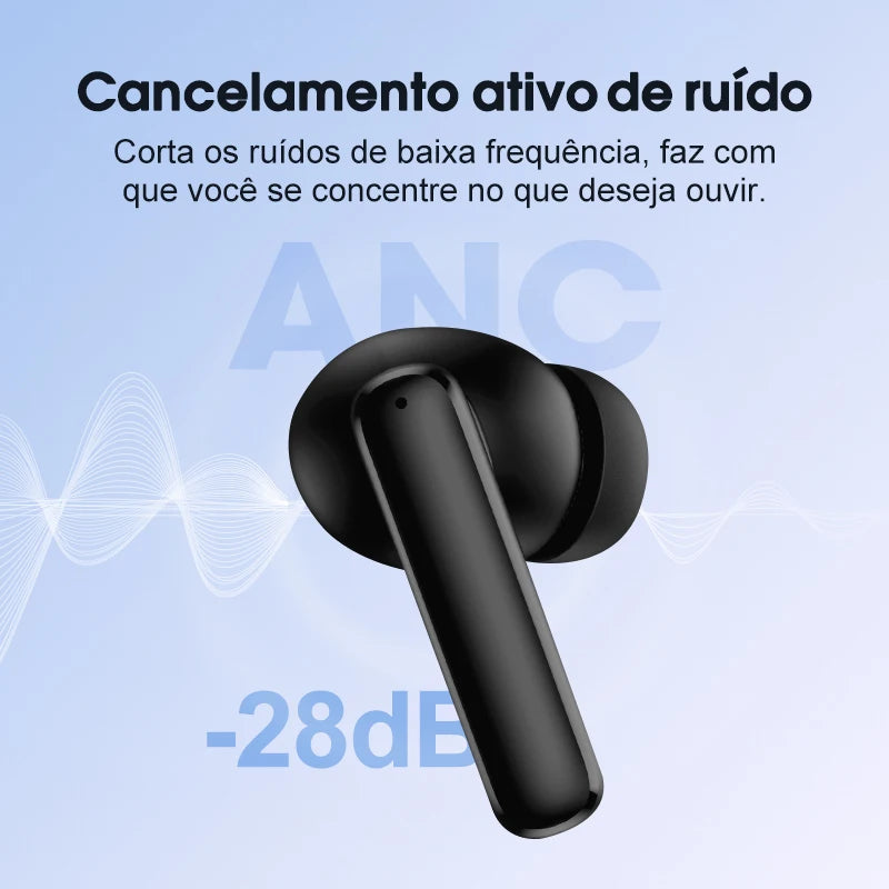 Fones de ouvido sem fio QCY T13 ANC Bluetooth 5.3 com cancelamento de ruído ativo, 4 microfones, fone de ouvido intra-auricular para jogos.
