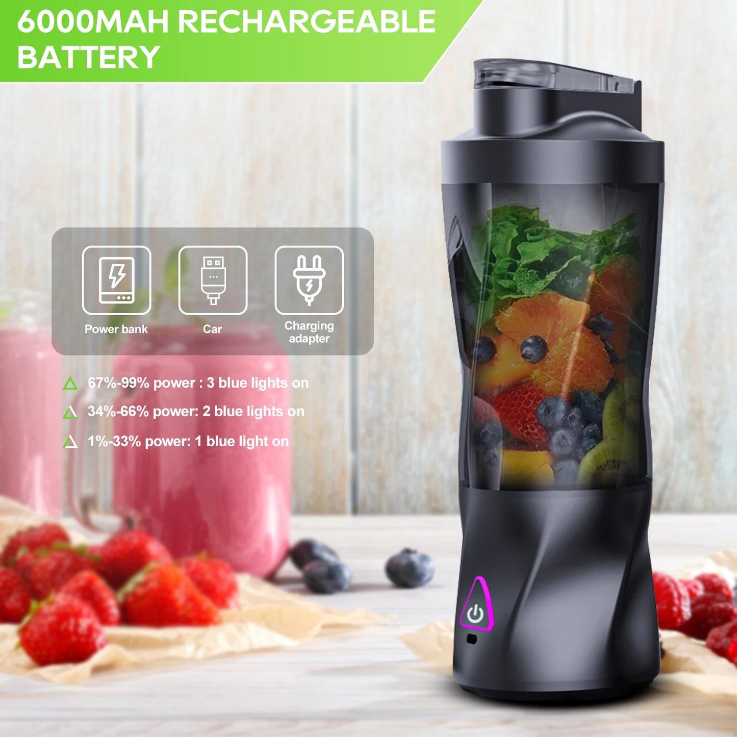 Liquidificador elétrico portátil para frutas frescas, 700ml, multifuncional, recarregável via USB, ideal para preparar smoothies e bebidas ao ar livre.