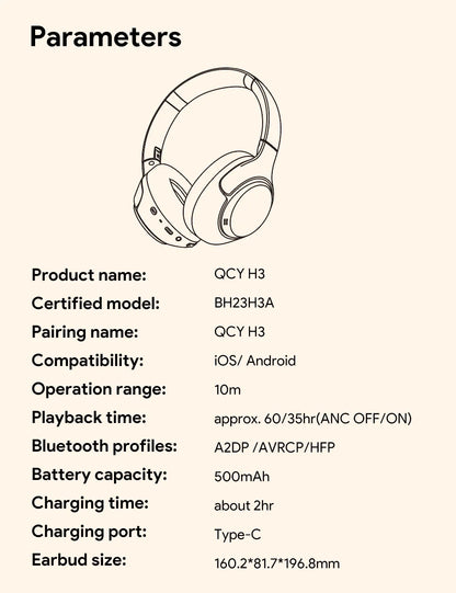 Fones de ouvido sem fio QCY H3 ANC Bluetooth 5.4 com áudio de alta resolução, cancelamento de ruído ativo híbrido de 43dB e bateria de 60h.
