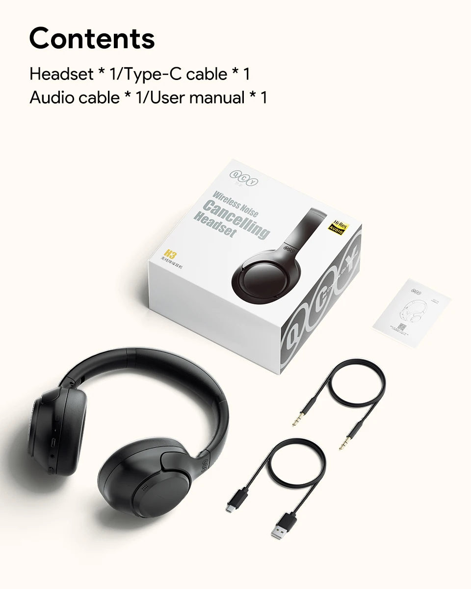 Fones de ouvido sem fio QCY H3 ANC Bluetooth 5.4 com áudio de alta resolução, cancelamento de ruído ativo híbrido de 43dB e bateria de 60h.