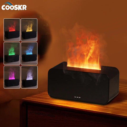 Umidificador de ar com difusor de óleos essenciais e aromas, mini umidificador doméstico com chama, difusor de fragrâncias para aromaterapia com luz noturna para ambientes.