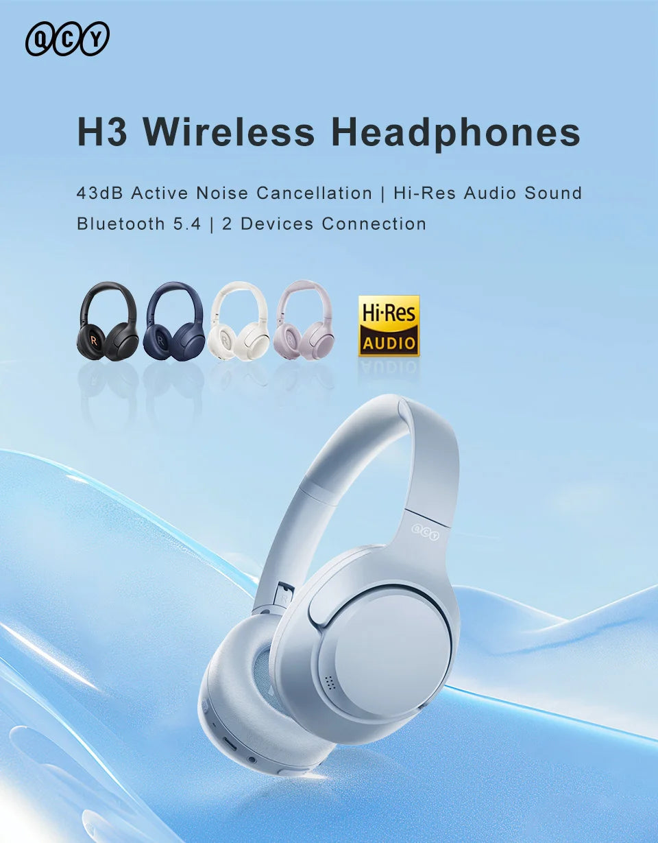 Fones de ouvido sem fio QCY H3 ANC Bluetooth 5.4 com áudio de alta resolução, cancelamento de ruído ativo híbrido de 43dB e bateria de 60h.