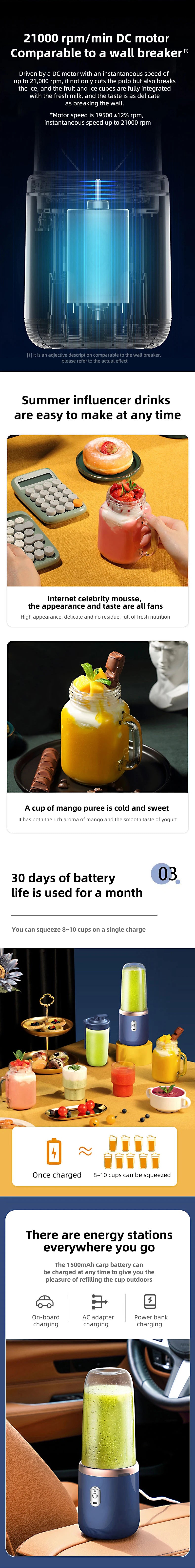 Liquidificador de suco portátil recarregável HOMEFISH, copo pequeno para suco, multifuncional para uso doméstico e externo, prepara até 2 xícaras de suco.