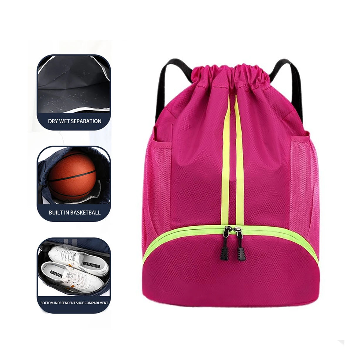 Mochila para basquete, mochila para natação, mochila feminina com divisórias para itens secos e molhados, mochila esportiva, mochila com cordão para treino e fitness.