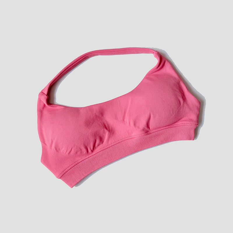 Sutiã esportivo sem costura com alças halter, top cropped sexy com bojo nas costas para yoga e academia.