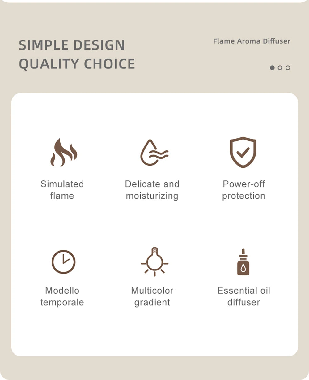 Umidificador de ar com difusor de óleos essenciais e aromas, mini umidificador doméstico com chama, difusor de fragrâncias para aromaterapia com luz noturna para ambientes.