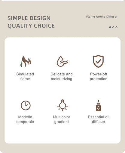 Umidificador de ar com difusor de óleos essenciais e aromas, mini umidificador doméstico com chama, difusor de fragrâncias para aromaterapia com luz noturna para ambientes.