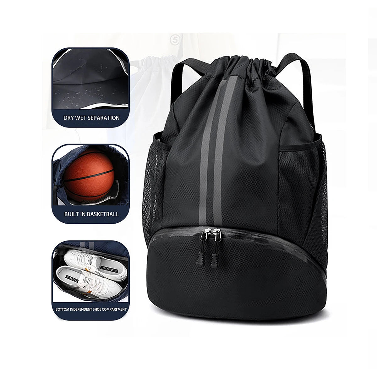 Mochila para basquete, mochila para natação, mochila feminina com divisórias para itens secos e molhados, mochila esportiva, mochila com cordão para treino e fitness.