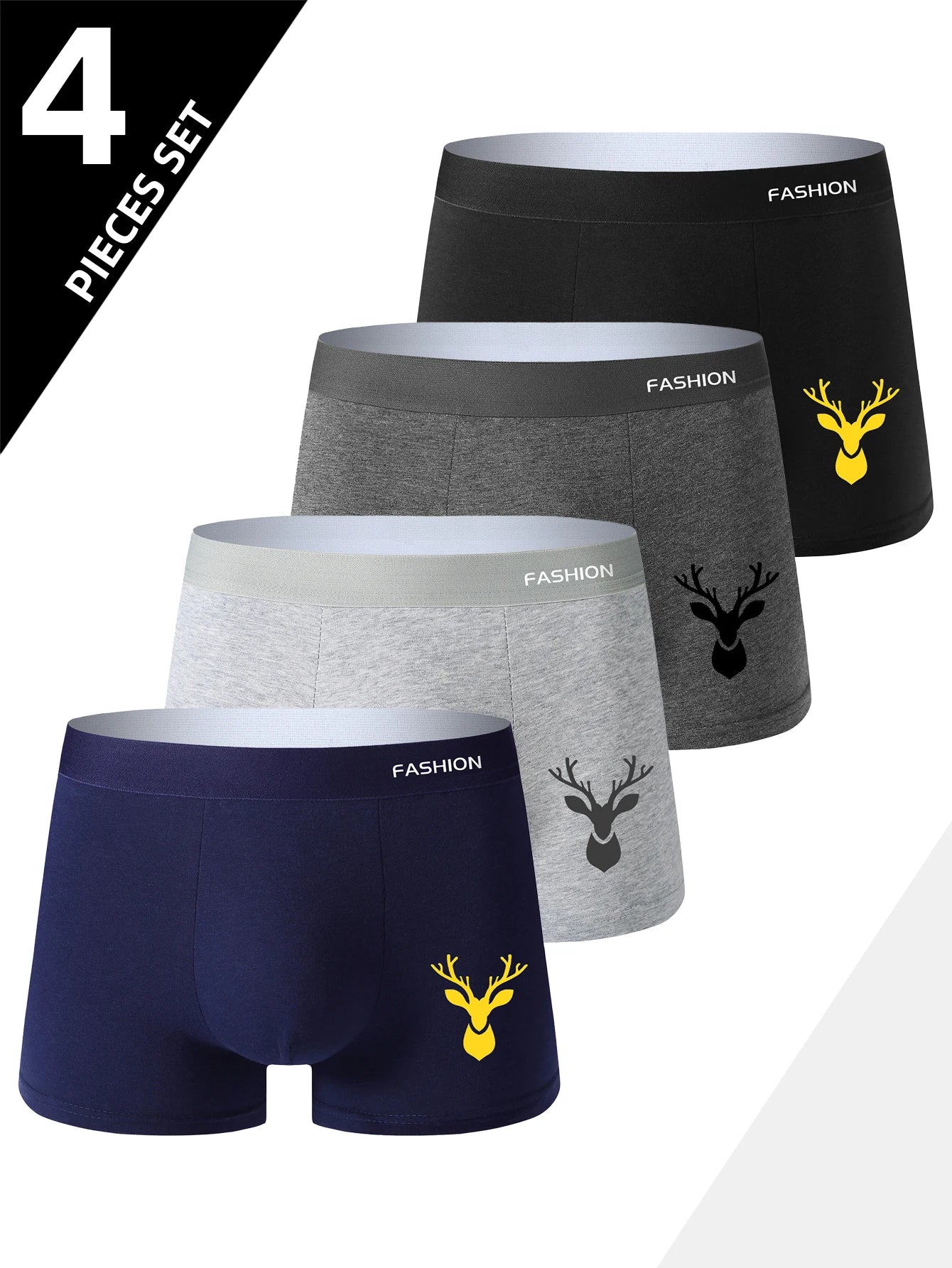 Conjunto de 4 cuecas boxer masculinas, macias, esportivas e respiráveis, para todas as estações, com estampa moderna e estilosa.